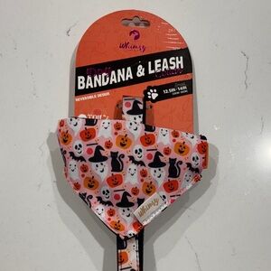 Whimsy by Doghaus Halloween Dog Bandanna and Leash - Ghost Cat and Pumpkin Des